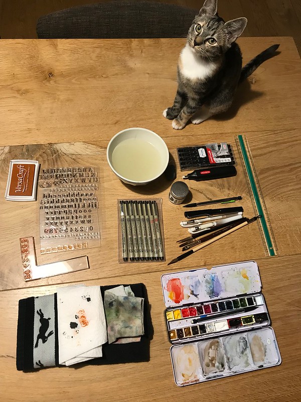 tools and cat ready for Inktober