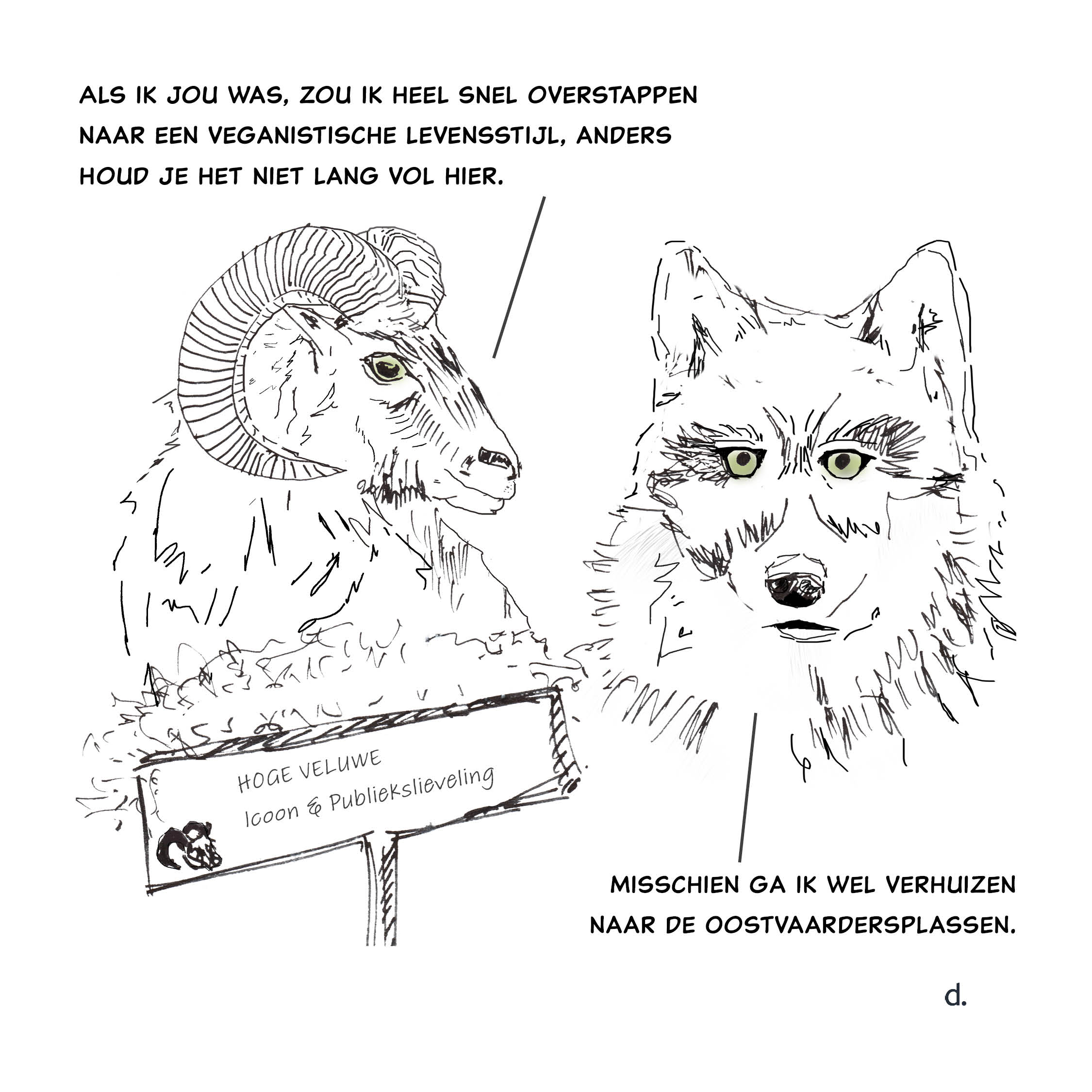 natuurillustratie doortje.NL cartoon moeflon wolf hoge veluwe oostvaardersplassen